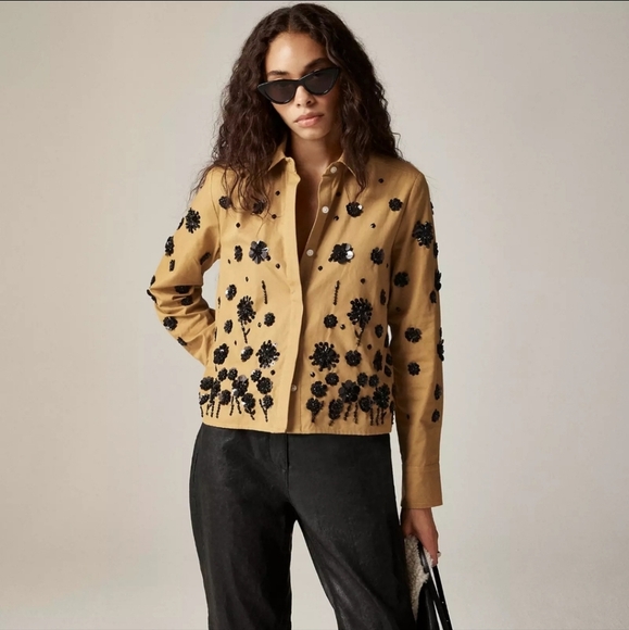 J. Crew Tops - J Crew Sequin-embellished button-up shirt  CF451 Size 12 Brown Black